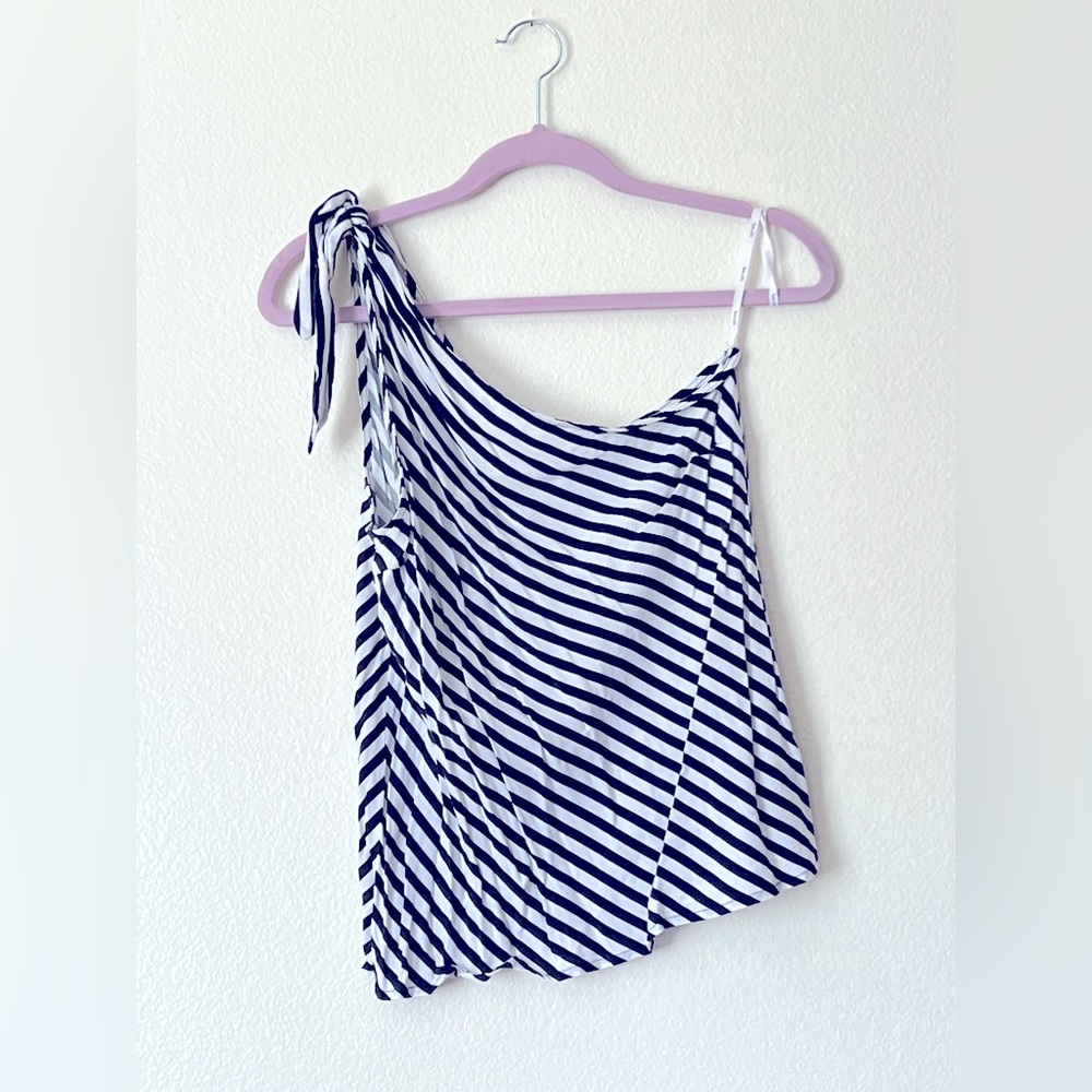 Blue and White Slanted Stripped One Shoulder Top 💙
